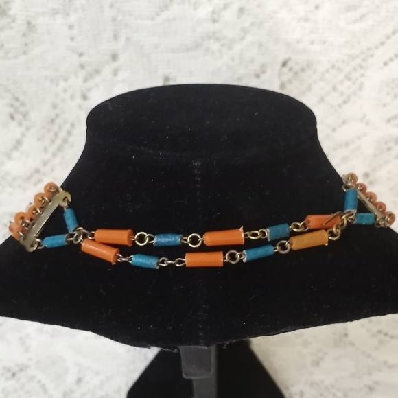 Vintage Mid Century Egyptian Revival Bib Necklace Clip Earring Set Faience - Picture 7 of 12